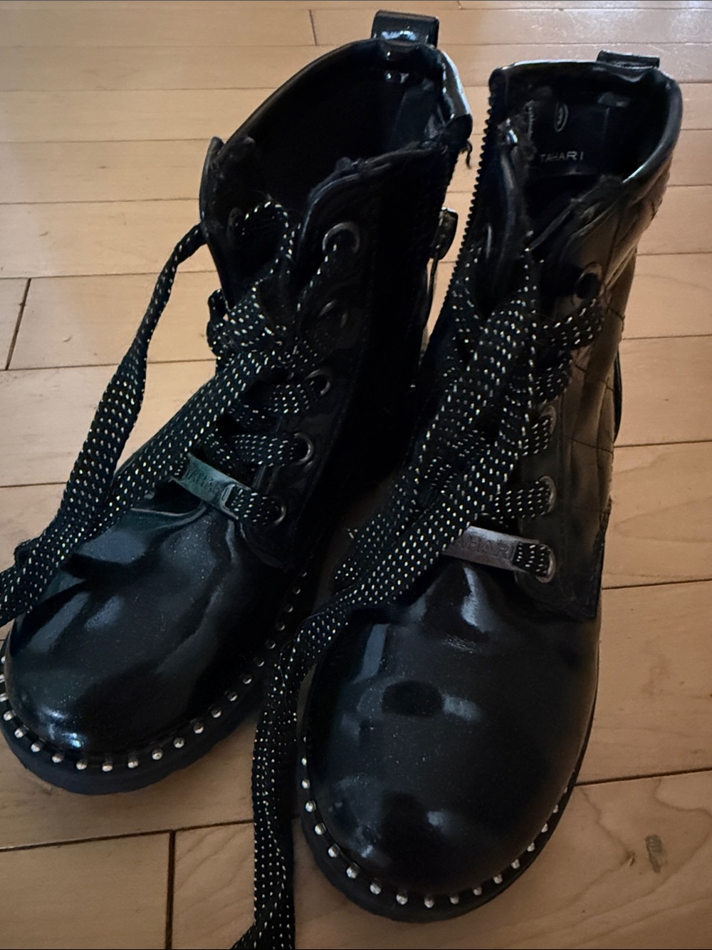 Girls Tahari Black Patent Lace-Up Combat Boots with Stud Trim